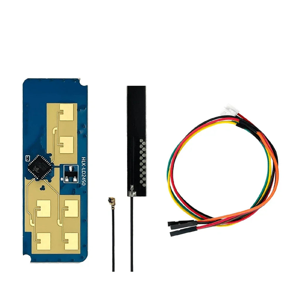 Hi-link HLK-LD2450 24GHz Radar Sensor Module With Bluetooth - the blue circuit board with gold antennas, a black antenna, and a multi-colored wire harness.
