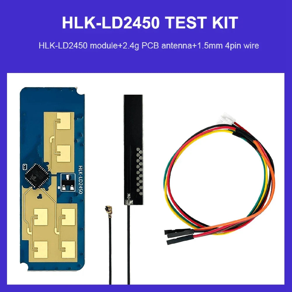 Hi-link HLK-LD2450 24GHz Radar Sensor Module With Bluetooth - test kit contents, including a blue radar sensor module, a black PCB antenna with a connector, and a 4-pin wire harness.