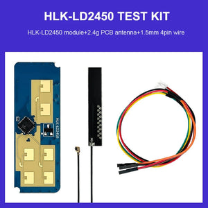 Hi-link HLK-LD2450 24GHz Radar Sensor Module With Bluetooth - test kit contents, including a blue radar sensor module, a black PCB antenna with a connector, and a 4-pin wire harness.