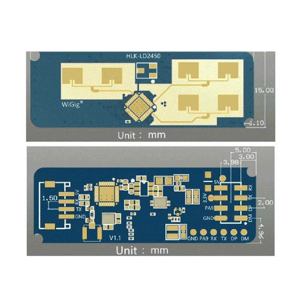 Hi-link HLK-LD2450 24GHz Radar Sensor Module With Bluetooth - the top side with antenna patterns and the bottom side with pin headers and components in a dimension diagram.