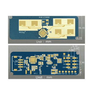 Hi-link HLK-LD2450 24GHz Radar Sensor Module With Bluetooth - the top side with antenna patterns and the bottom side with pin headers and components in a dimension diagram.