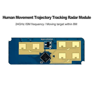 Hi-link HLK-LD2450 24GHz Radar Sensor Module With Bluetooth - rectangular circuit board with gold antenna patches, a central chip, and a small black connector.