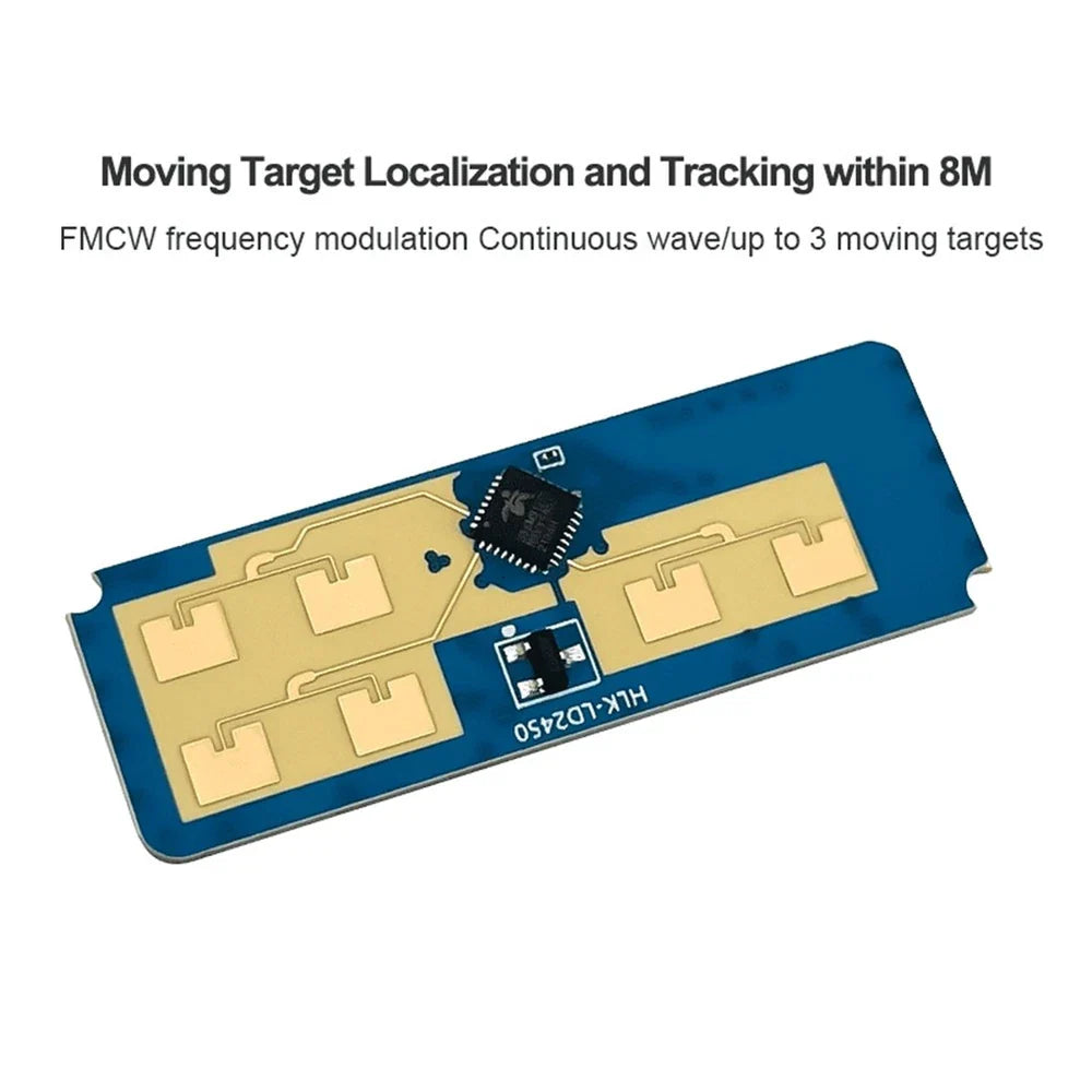 Hi-link HLK-LD2450 24GHz Radar Sensor Module With Bluetooth - rectangular circuit board with gold antenna patches and a central integrated circuit chip.
