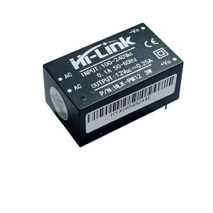Hi Link Hlk PM12 12V/3W Switch Power Supply Module - a black rectangular electronic component with AC input and DC output pins labeled on its top surface.