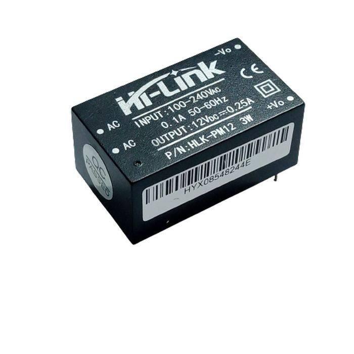 Hi Link Hlk PM12 12V/3W Switch Power Supply Module - a black rectangular electronic component with AC input and DC output pins labeled on its top surface.