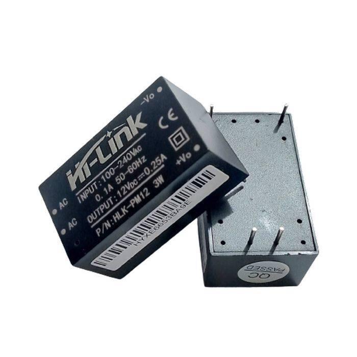 Hi Link Hlk PM12 12V/3W Switch Power Supply Module - two black rectangular units with four connection pins and printed technical specifications.