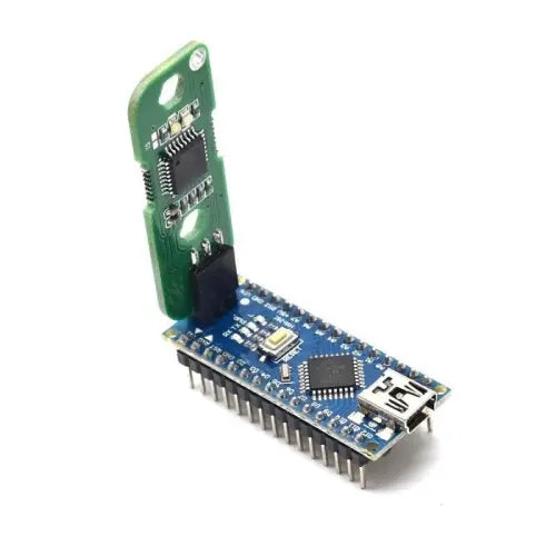 Hiata Arduino Nano Bootloader Burner Offline Standalone Isp Programmer - a green ISP programmer module connected to a blue Arduino Nano board with a mini-USB port and reset button.