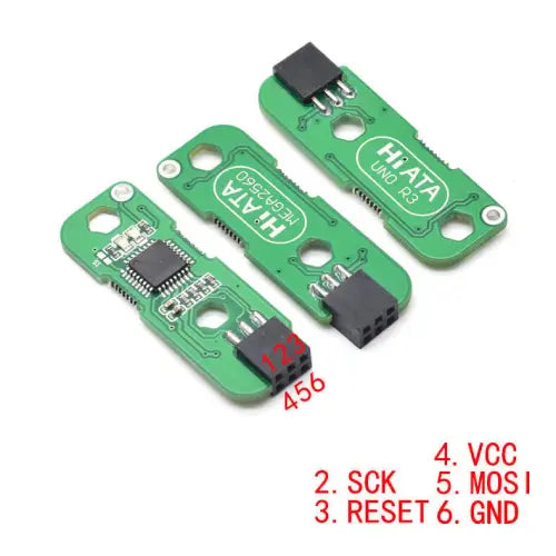 Hiata Arduino Nano Bootloader Burner Offline Standalone Isp Programmer - three green circuit boards with black 6-pin headers and surface-mount components, shown with pinout labels 1-6.