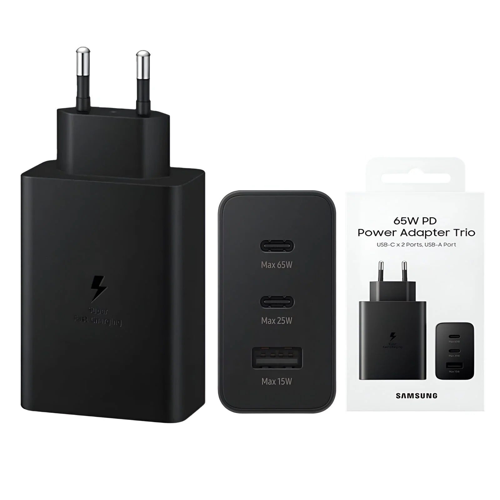 High Copy Samsung 65W Power Adapter Trio Pd Without Cable - a black wall charger with two USB-C and one USB-A port, alongside its white retail packaging box.