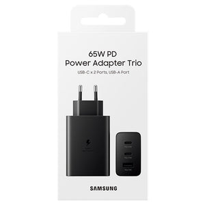 High Copy Samsung 65W Power Adapter Trio Pd Without Cable - packaging box showing the black adapter with two USB-C ports, one USB-A port, and a wall plug.