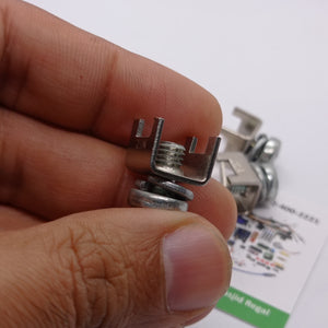 High Current Screw Terminal Connector - a close-up shot of a silver metal U-shaped terminal with a threaded screw and washer held in a hand.