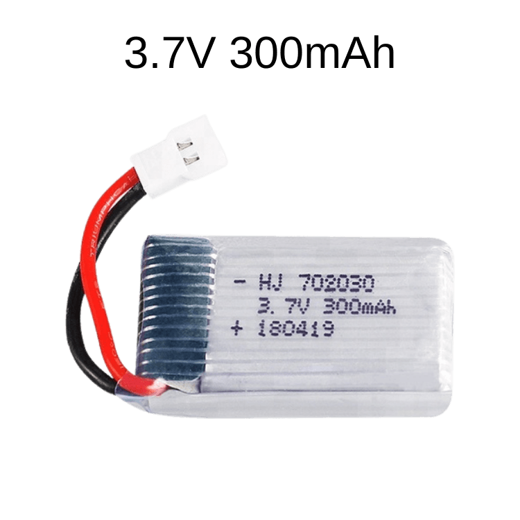 High-performance 3.7V 300mAh LiPo Battery - Perfect For Drones, Rc Cars & More! (highlights Performance, Compatibility, And Versatility) - a rectangular silver lithium-polymer battery with a red and black wire ending in a white two-pin connector.