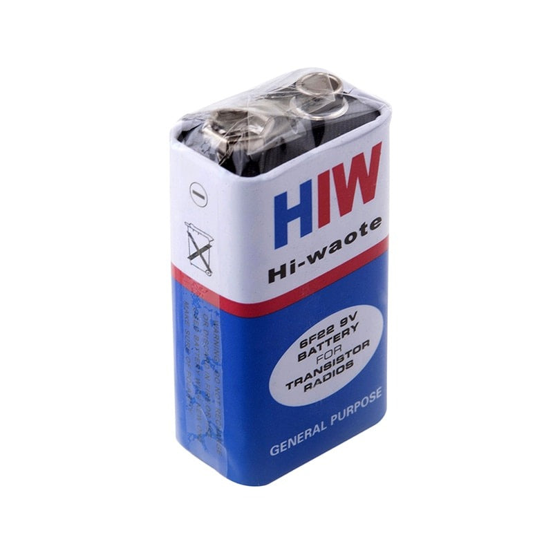 High Power 9 Volts 9V Battery - a rectangular blue and white battery with two metal terminals on top, wrapped in clear plastic packaging.