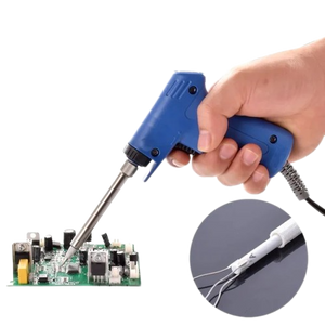 High Power Soldering Iron 220V 30W-70W Professional Dual Power Quick Heat-up Adjustable Welding Electric Soldering Iron Gun - blue pistol-grip electric soldering iron being used on a circuit board with a close-up of its heating element.