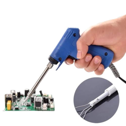 High Power Soldering Iron 220V 30W-70W Professional Dual Power Quick Heat-up Adjustable Welding Electric Soldering Iron Gun - blue pistol-grip electric soldering iron being used on a circuit board with a close-up of its heating element.
