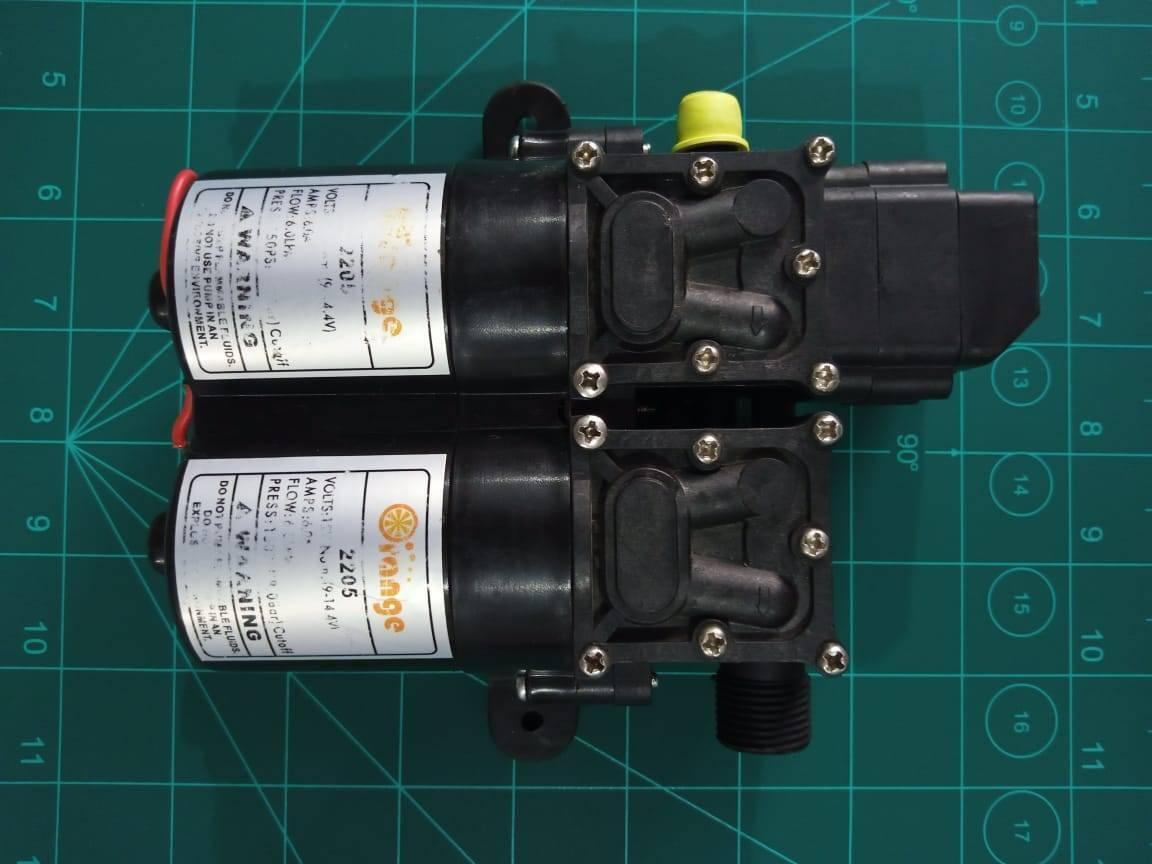 High Pressure Mist Pump 12VDC Automatic Electric Diaphragm Pump - two black motor units with labels, mounted together with screw-in ports.