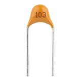 High Quality 1 Piece 103 PF 50V 10nF 0.01uF DIP Ceramic Non Polar Capacitor - a single orange, dip-style ceramic capacitor with two silver leads and the number 103 printed on its body.