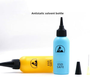 High Quality 100 ML Empty ESD Safe Rosin Solder Flux Dispenser Bottle Price - one upright blue bottle, one yellow bottle lying down, and a needle tip.