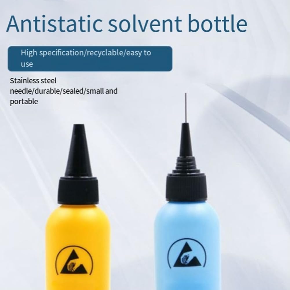High Quality 100 ML Empty ESD Safe Rosin Solder Flux Dispenser Bottle Price - a yellow bottle and a blue bottle with black caps and stainless steel needles.