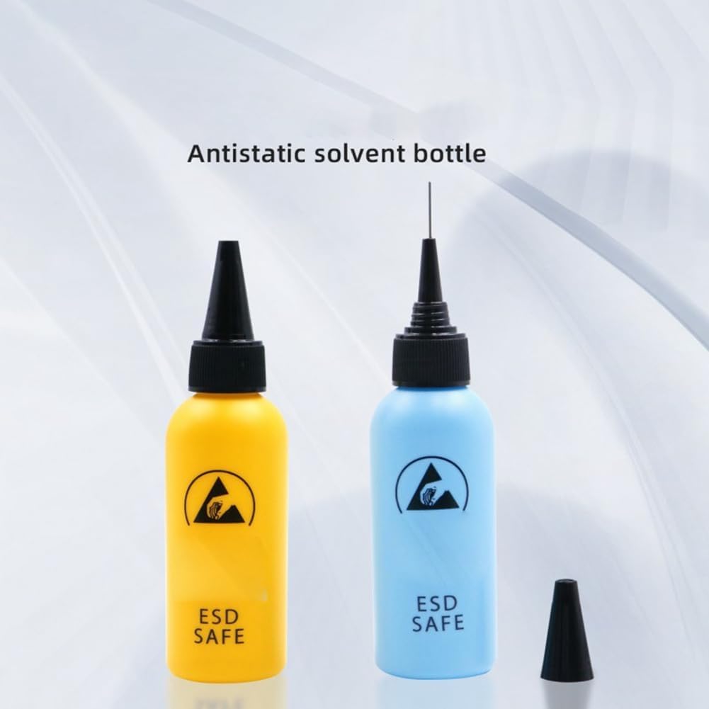 High Quality 100 ML Empty ESD Safe Rosin Solder Flux Dispenser Bottle Price - one yellow and one blue bottle with black caps and a separate black tip.