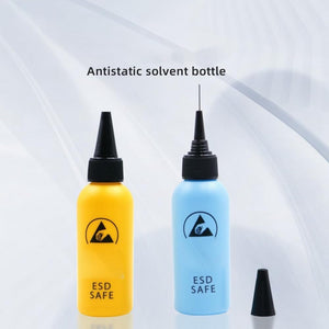 High Quality 100 ML Empty ESD Safe Rosin Solder Flux Dispenser Bottle Price - one yellow and one blue bottle with black caps and a separate black tip.