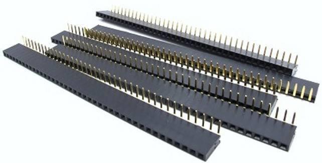 High-quality 2.54mm Pitch 40 Pin Right Angle Female Header (90 Degrees) - Digilog.pk - a collection of multiple black plastic 40-pin female headers with gold-plated pins.
