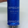 High Quality 2.7V 100F Super Capacitor - a cylindrical blue electronic component with SPSCAP and SCE 0100 printed on its body and two bottom terminals.