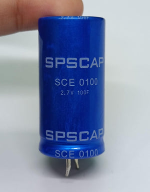 High Quality 2.7V 100F Super Capacitor - a cylindrical blue electronic component with SPSCAP and SCE 0100 printed on its body and two bottom terminals.