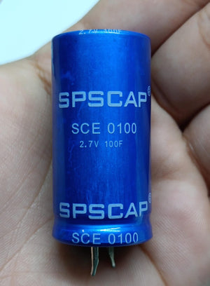 High Quality 2.7V 100F Super Capacitor - a blue cylindrical body with SPSCAP, SCE 0100, and 2.7V 100F printed on the side.