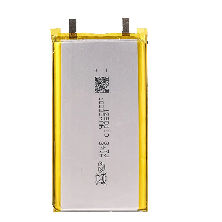 High Quality 3.7V 10000mAh 1260110 Polymer Lithium Ion Li-ion Rechargeable Battery For Toy Power Bank GPS Table E-book Batteries - pouch cell printed 3.7 V 10000 mAh 37 Wh, with gold-edged foil casing and two flat solder tabs at the top.
