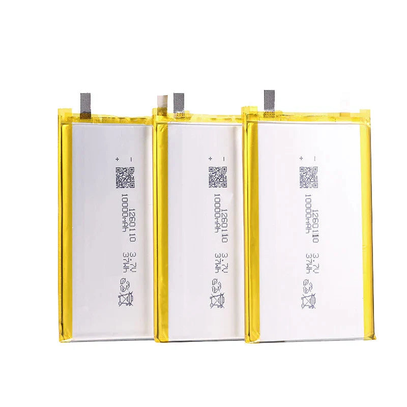 High Quality 3.7V 10000mAh 1260110 Polymer Lithium Ion Li-ion Rechargeable Battery For Toy Power Bank GPS Table E-book Batteries - three rectangular silver cells with yellow edges, each labeled with 10000mAh, 3.7V, and 37Wh.