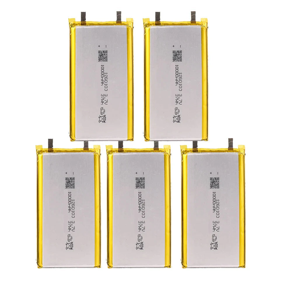 High Quality 3.7V 10000mAh 1260110 Polymer Lithium Ion Li-ion Rechargeable Battery For Toy Power Bank GPS Table E-book Batteries - five rectangular silver and yellow rechargeable cells arranged in a pyramid formation.