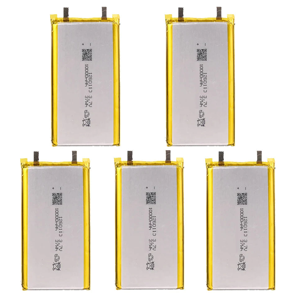 High Quality 3.7V 10000mAh 1260110 Polymer Lithium Ion Li-ion Rechargeable Battery For Toy Power Bank GPS Table E-book Batteries - five rectangular silver and yellow cells with two black metal tabs at the top, arranged in a grid.