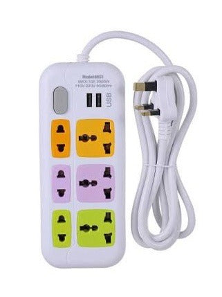 High Quality 3 Power Socket 2 USB Ports Extension Power Lead Wire Cable Board Model:8803 - a white power strip with colored sockets and a UK-style plug.