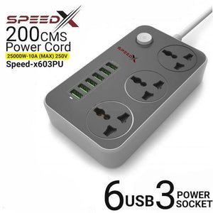 High Quality 3 Power Socket 6 USB Ports Extension Power Lead Wire Cable Board - Speed-x603PU power extension board in grey with three power sockets, six USB ports, and a power button, shown against a white background.