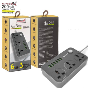 High Quality 3 Power Socket 6 USB Ports Extension Power Lead Wire Cable Board - shown with its grey power strip and two matching cardboard retail boxes.