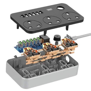 High Quality 3 Power Socket 6 USB Ports Extension Power Lead Wire Cable Board - shown in an exploded view with its internal copper components and casing.