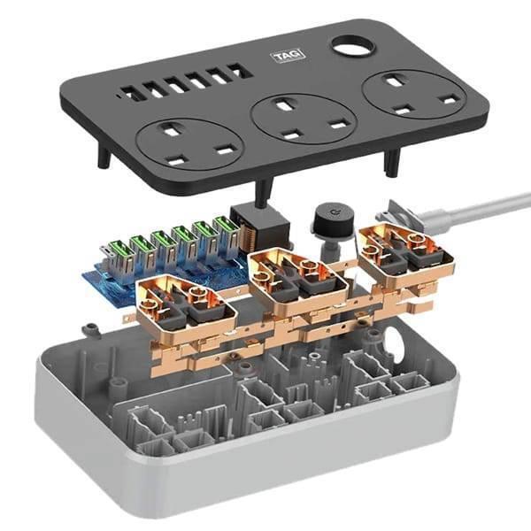 High Quality 3 Power Socket 6 USB Ports Extension Power Lead Wire Cable Board - shown in an exploded view with its internal copper components and casing.