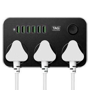 High Quality 3 Power Socket 6 USB Ports Extension Power Lead Wire Cable Board - with three white plugs, six USB ports, and a power button on a black base.