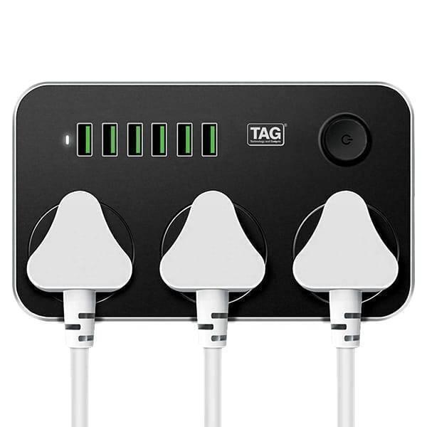 High Quality 3 Power Socket 6 USB Ports Extension Power Lead Wire Cable Board - with three white plugs, six USB ports, and a power button on a black base.