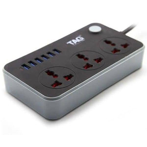 High Quality 3 Power Socket 6 USB Ports Extension Power Lead Wire Cable Board - with three AC outlets, six USB ports, and a power button.