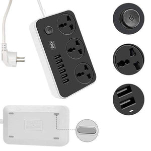 High Quality 3 Power Socket 6 USB Ports Extension Power Lead Wire Cable Board - with a power button, three outlets, six USB ports, and a bottom view.