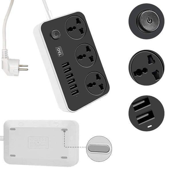 High Quality 3 Power Socket 6 USB Ports Extension Power Lead Wire Cable Board - with a power button, three outlets, six USB ports, and a bottom view.