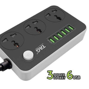 High Quality 3 Power Socket 6 USB Ports Extension Power Lead Wire Cable Board - in black and white with three universal outlets, six USB ports, and a button.