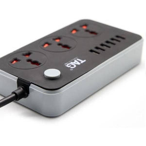 High Quality 3 Power Socket 6 USB Ports Extension Power Lead Wire Cable Board - with a black top, grey base, three sockets, six USB ports, and a button.