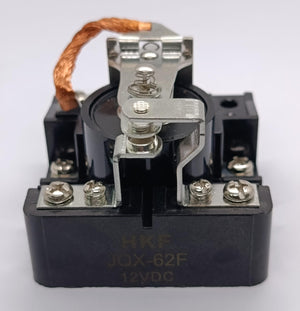 High Quality Low Price Industrial Large 12V DC 80A Power Relay - JQX-62F 12VDC Power Relay, a black industrial relay with silver metal terminals, a copper braided wire, and visible screw connectors on a white background.