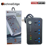 High Quality Technoedge Power Extension Board With 3 USB Ports And 2 Type-c Power Sockets - shown with its grey packaging box, featuring three power sockets, three USB ports, one Type-C port, and a power button.