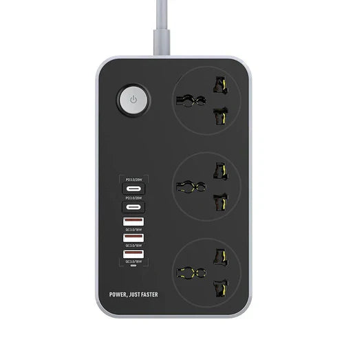 High Quality Technoedge Power Extension Board With 3 USB Ports And 2 Type-c Power Sockets - a black rectangular power strip featuring three universal AC outlets, two USB-C ports, two USB-A ports, and a button.