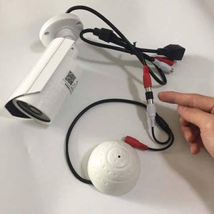 High Sensitivity Mini Cctv Security Surveillance Microphone – Audio Input For Ip Cameras, Dvr & Nvr Systems (50–150M² Range) - connected to a white bullet-style CCTV camera via red and white RCA audio connectors.