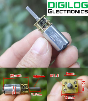 High torque N30 gear motor 5V 135RPM 3V 80RPM 12V 320RPM for robot chassis car - a silver metal motor body with a brass gearbox, a long output shaft, and dimension diagrams with labels in millimeters.